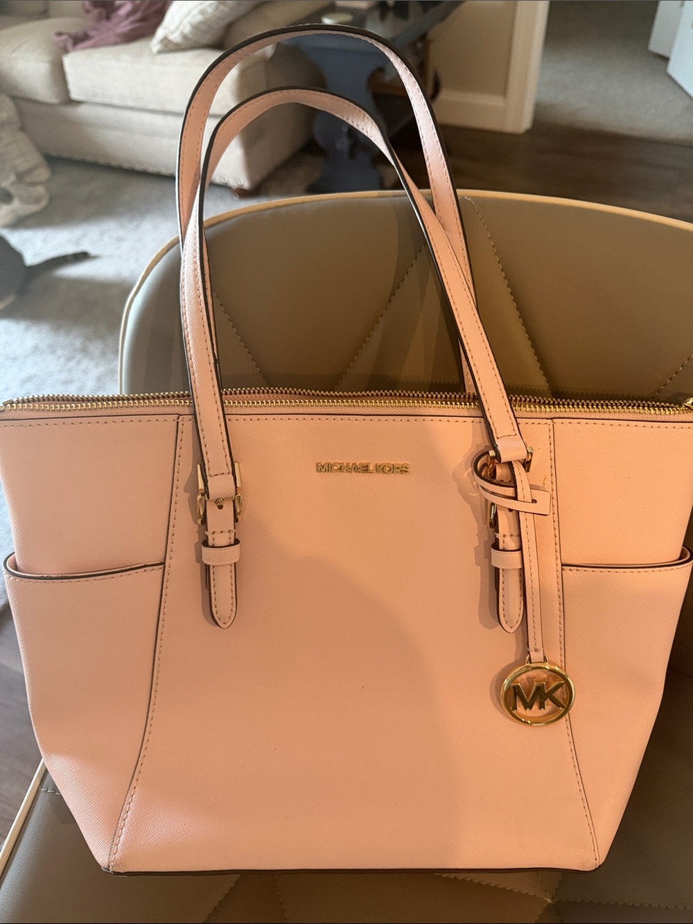 MICHAEL KORS Blush Saffiano Leather Tote with Gold MK Charm